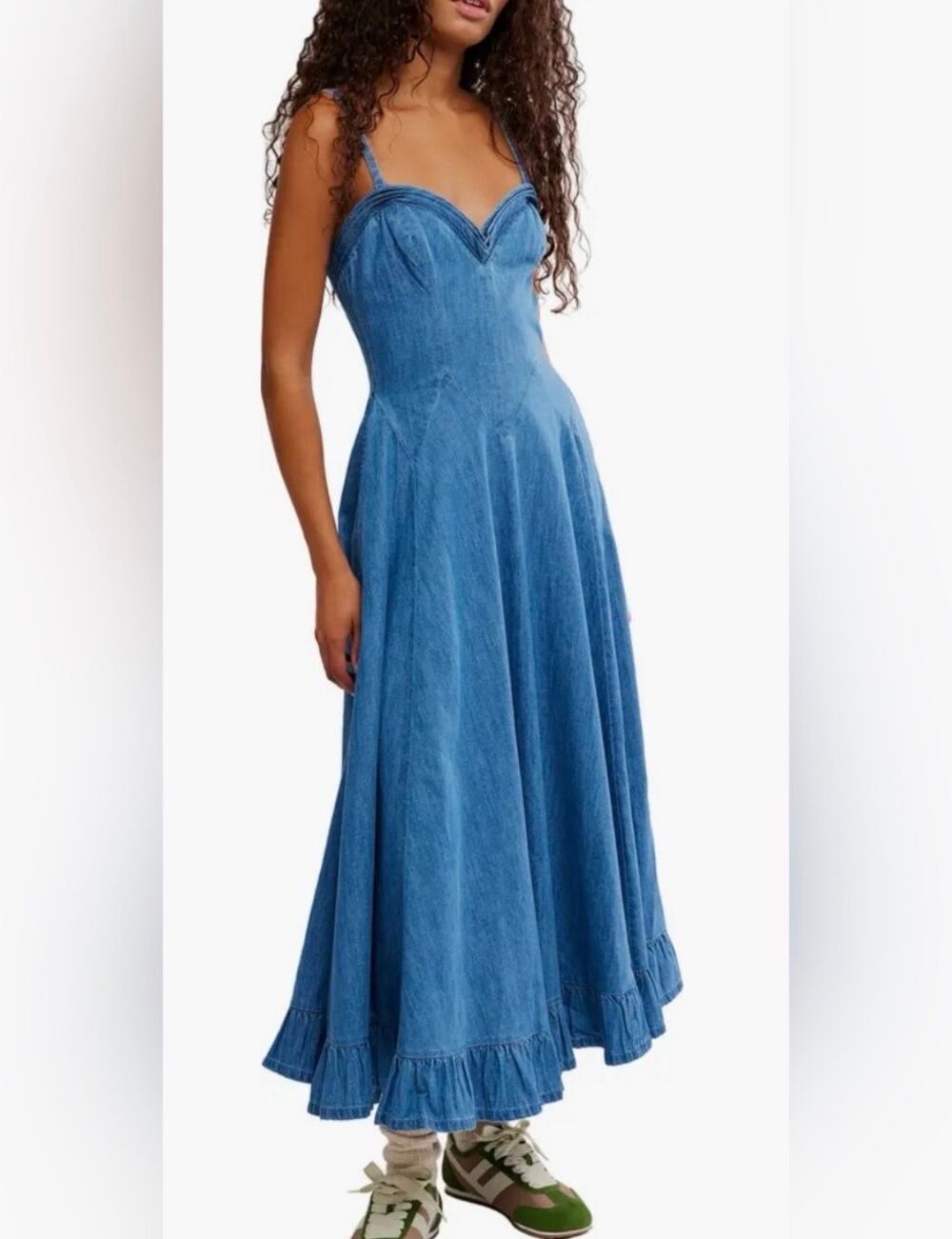 Free People Another Season Denim Dress Sweetheart Neck Ruffle Hem Cotton